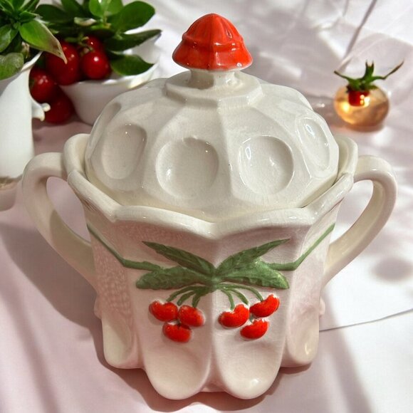 Vintage Westmoreland Hand Painted Cherry Thumbprint Panel Cookie Jar With Lid - Picture 13 of 13